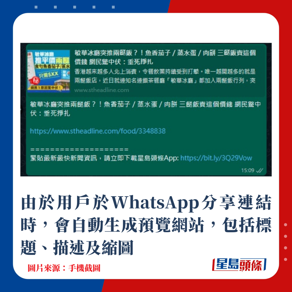 由于用户于WhatsApp分享连结时，会自动生成预览网站，包括标题、描述及缩图