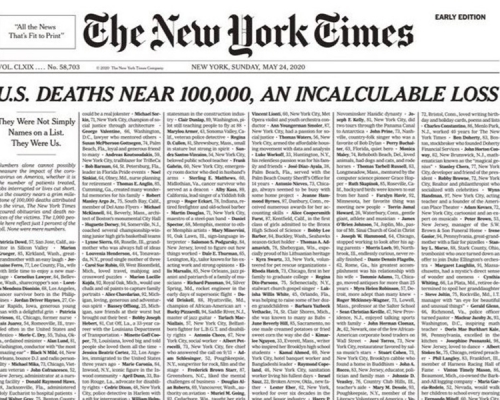 標題寫上《美國死者接近 100,000,一個無法估量的損失》。