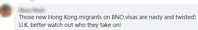 有英國網民批評持BNO簽證的香港新移民骯髒。