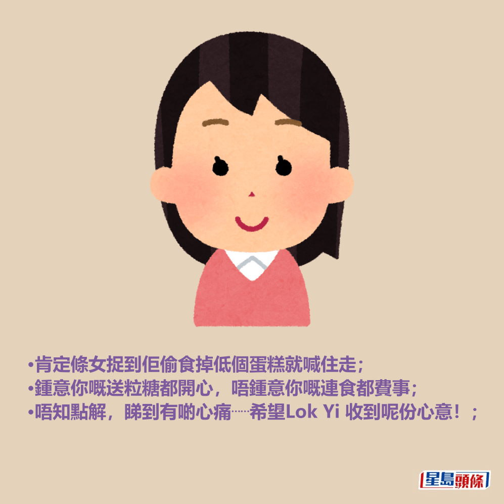 •肯定條女捉到佢偷食掉低個蛋糕就喊住走； •鍾意你嘅送粒糖都開心，唔鍾意你嘅連食都費事； •唔知點解，睇到有啲心痛⋯⋯希望Lok Yi 收到呢份心意！；
