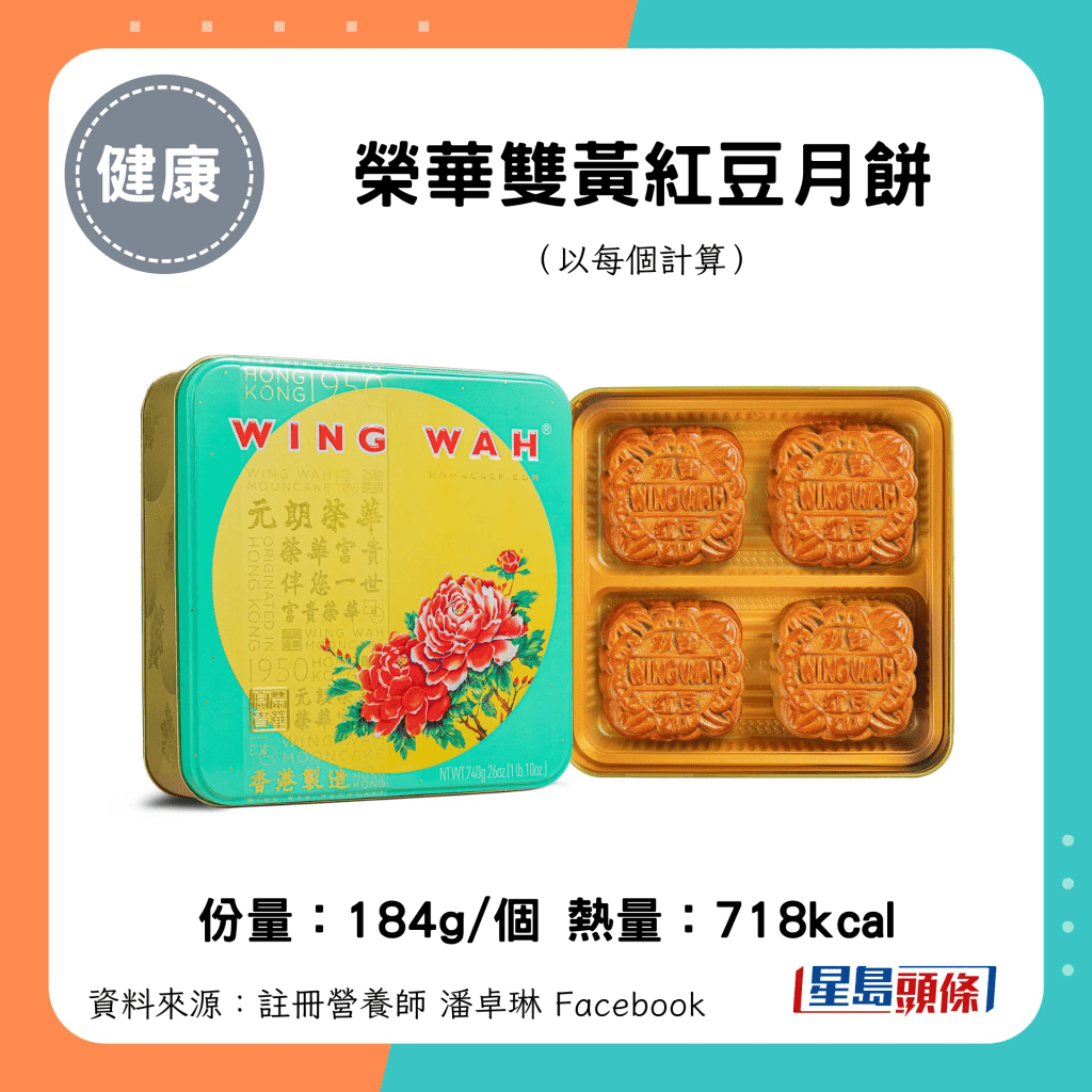 中秋月餅卡路里｜榮華雙黃紅豆月餅（184kcal/個）718kcal