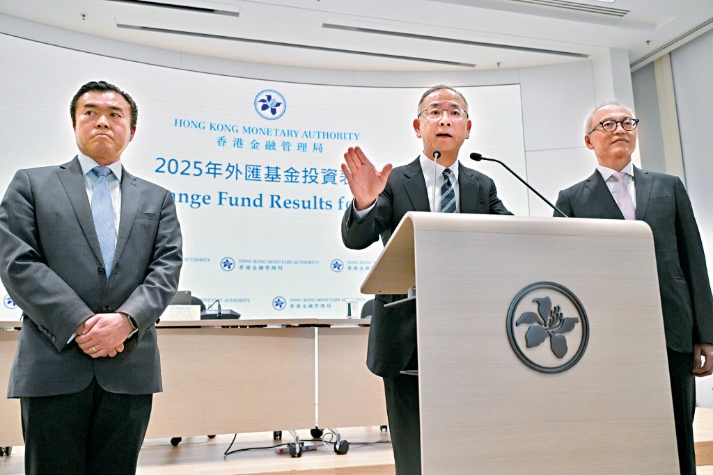 余偉文（中）指外匯基金各主要組成部分同時錄得正回報的情況，過去15年來只曾於2017年和2020年出現。