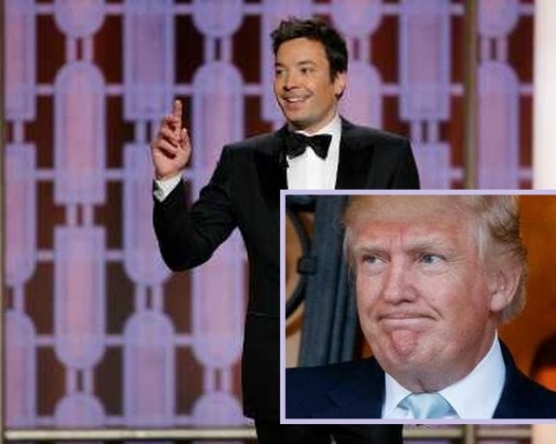 擅長棟篤笑的大會主持人Jimmy Fallon拿特朗普（小圖）開玩笑。AP