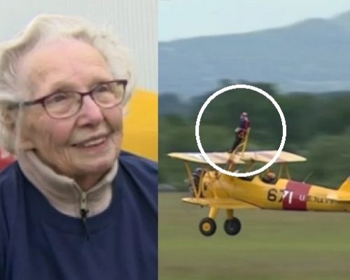 88歲婦人布羅米奇站在雙翼飛機翼頂，翱翔天際，成為完成這項壯舉的最年老人士。影片截圖
