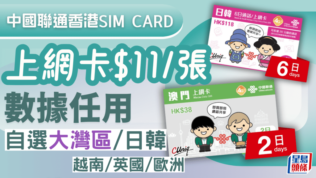 SIM CARD優惠｜中國聯通香港上網卡$11/張！數據任用 自選大灣區/日韓/越南/英國/歐洲