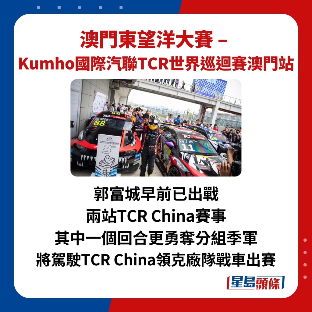 郭富城早前已出戰 兩站TCR China賽事 其中一個回合更勇奪分組季軍 將駕駛TCR China領克廠隊戰車出賽