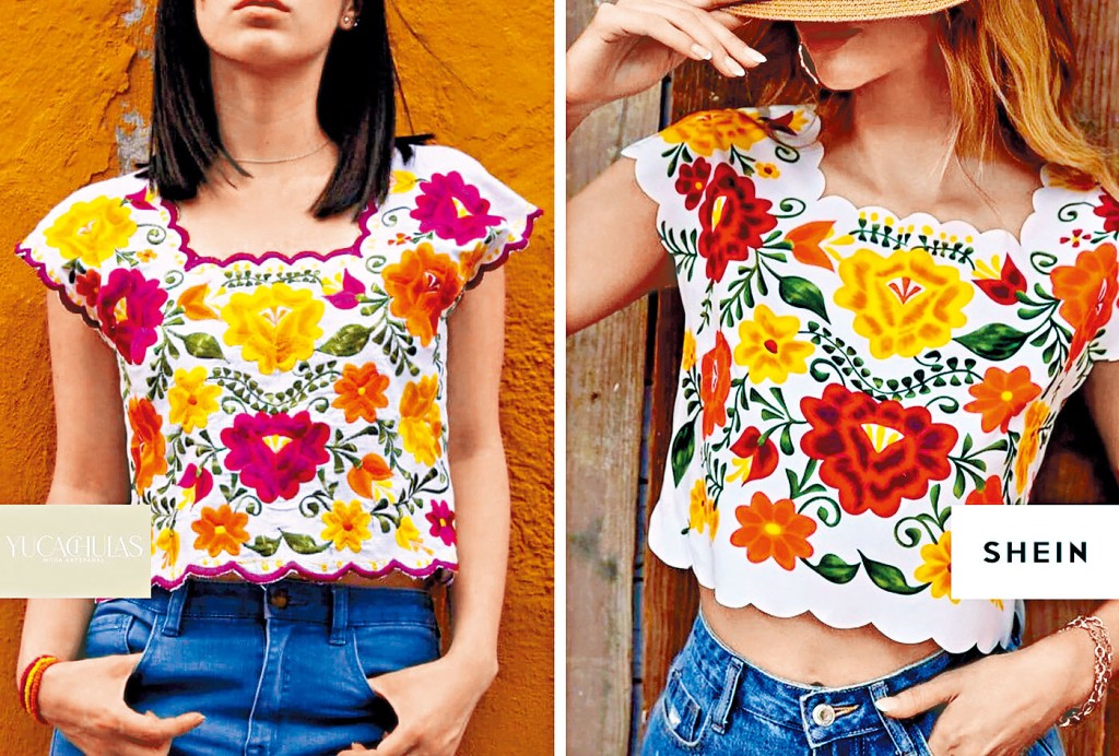 中国Shein（右）和墨西哥品牌Yucachulas（左）同款女上衣高度相似。