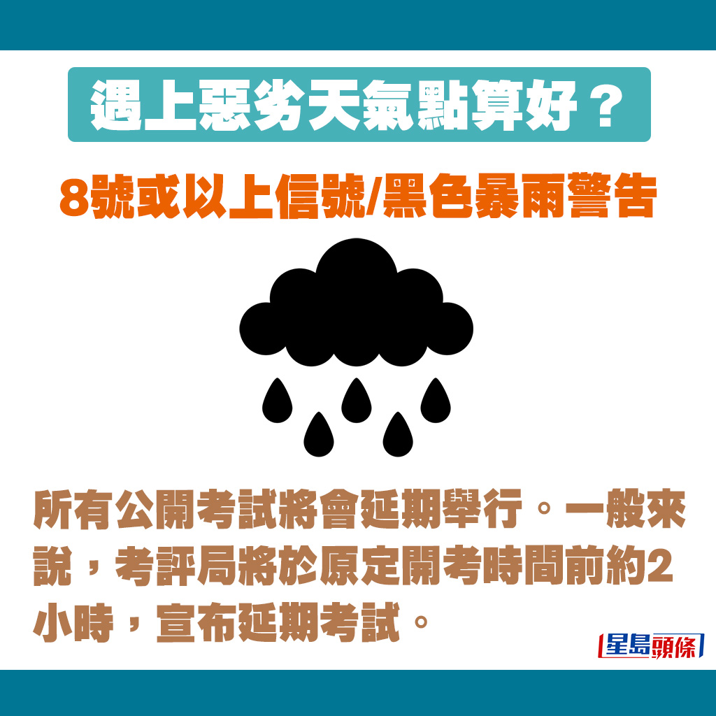 8號或以上信號/黑色暴雨警告生效時，所有公開考試將會延期舉行。