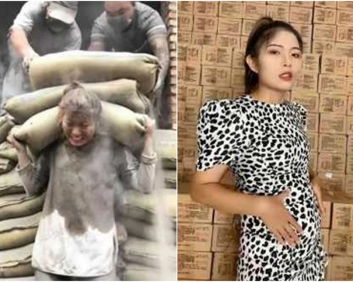 「水泥妹」張方方被網民「起底」，指其每天辛苦搬水泥養家是一個謊言。網圖