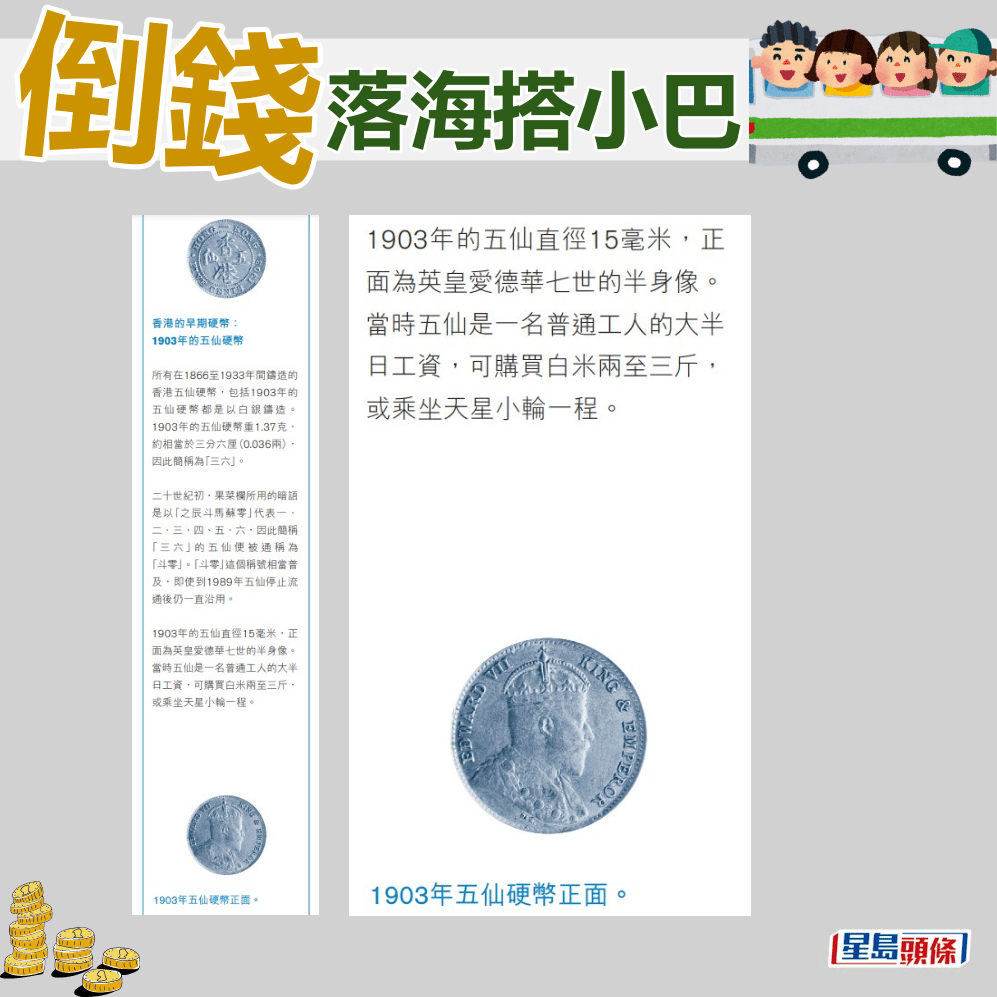 1903年時，5仙是一名普通工人的大半日工資，可購買白米2至3斤，或乘坐天星小輪一程。《香港金融管理局季報》第44期截圖