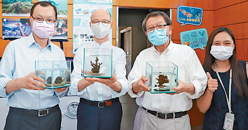 ■環境局局長黃錦星（中間）、中大校長段崇智（右）同副校長吳樹培（左）一齊領養「珊瑚BB」。
