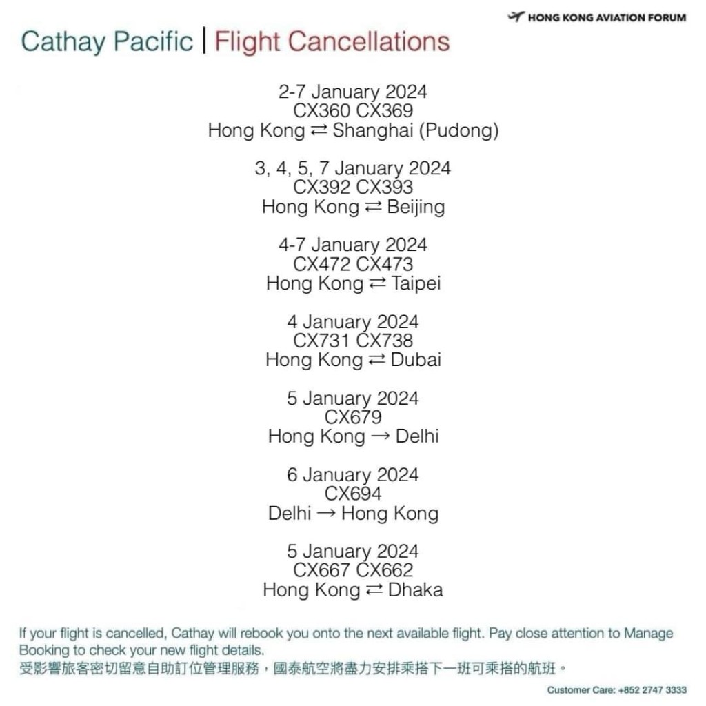 綜合市場消息，在1月2日至7日，國泰再取消至少34班航班，涉及來往上海、北京、台北、杜拜、印度德里及孟加拉達卡的航班。其中，來往香港至上海浦東機場的CX360及CX369取消全部6日的航班。