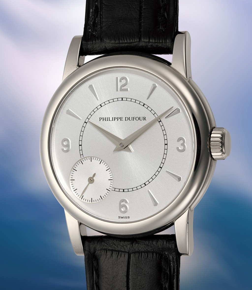 首次亮相拍賣市場的Philippe Dufour「Duality」白金腕錶,備雙擒縱裝置,編號01。估價1,000,000─2,000,000美元,成交價3,085,000美元。 首次亮相拍賣市場的Philippe Dufour「Duality」白金腕錶,備雙擒縱裝置,編號01。估價1,000,000─2,000,000美元,成交價3,085,000美元。