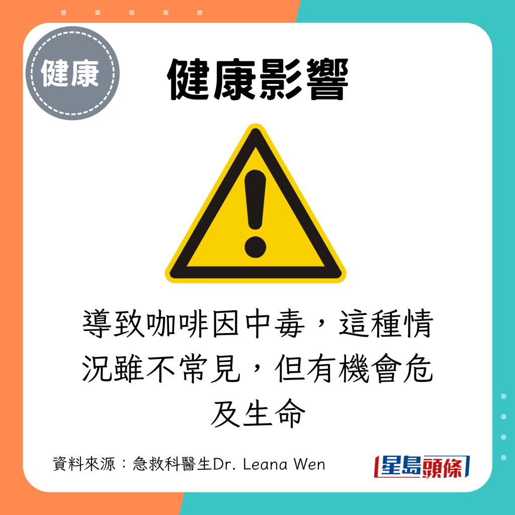 導致咖啡因中毒，這種情況雖不常見，但有機會危及生命