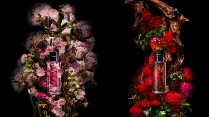 左/粉红色Sakura香气,展现樱花树在春日盛放的最美一刻。右/Oud Ispahan糅合大马士革玫瑰深邃的香气,花艺雕塑在深红和粉红色之间取得平衡,并以温暖的木色调作为衬托。 Gris Dior是简洁、神秘的西普香调,藉花香呈现Dior的经典色调。