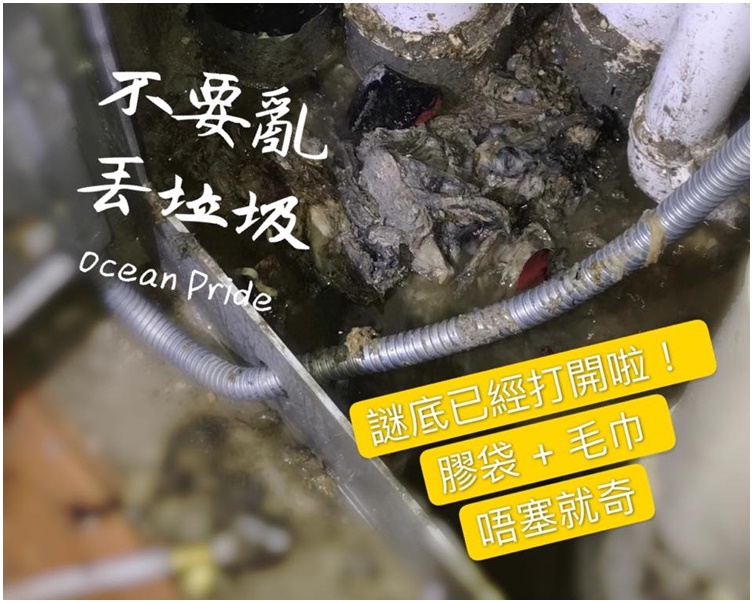 經檢查後,發現有毛巾等異物塞渠。(荃灣區議員林琳fb專頁圖片)
