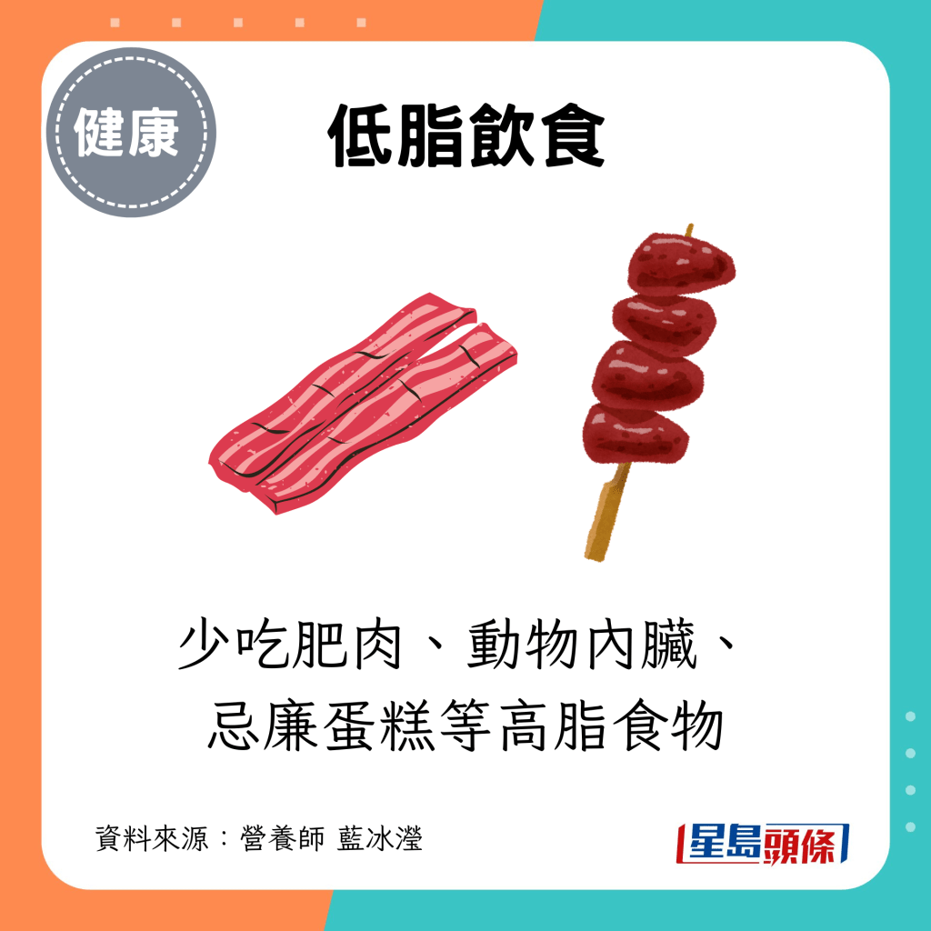 少吃肥肉、动物内脏、忌廉蛋糕等高脂食物