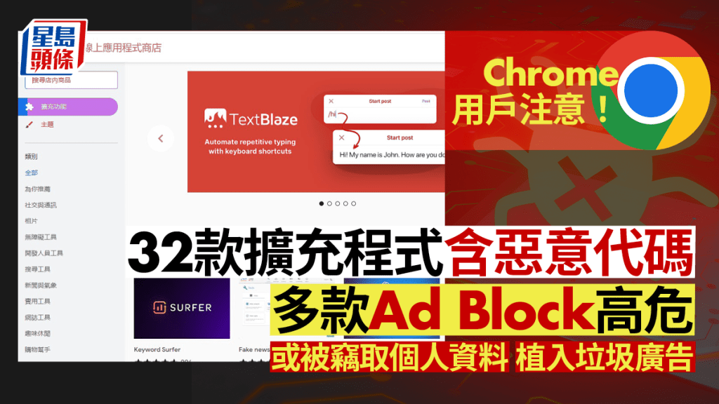 Chrome擴充程式爆安全問題！32個插件中招 部份Ad Block高危 或竊取用戶資料/竄改搜索結果