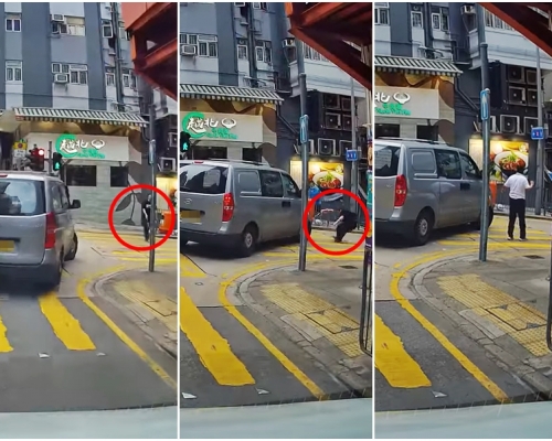 西營盤一輛輕型貨車疑「睇錯燈」,衝向馬路並撞倒一名正在過路的視障男子。影片截圖