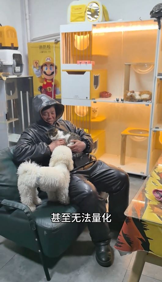 大叔用賣剩的烤番薯向寵物店換來短暫的逗貓時光。抖音@無敵奶爸