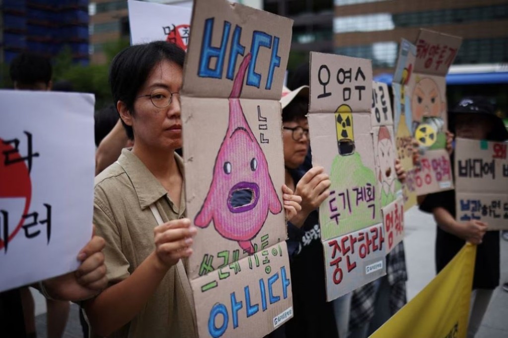 韓國民眾不滿日本排放核污水。路透社