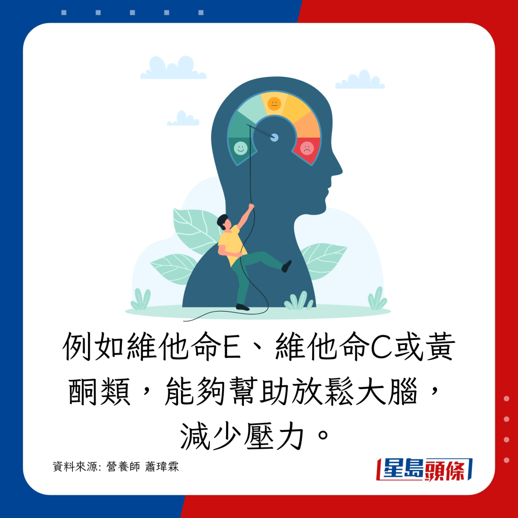 例如维他命E、维他命C或黄酮类，能够帮助放松大脑，减少压力。