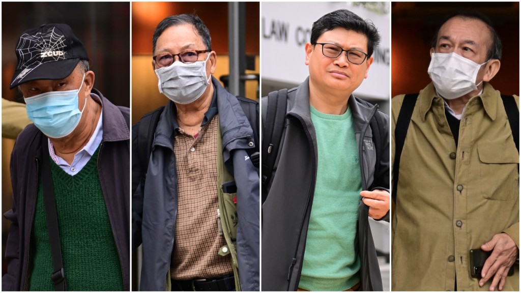 4名被告左起梁錦益、龍福兒、楊啟光和鄧翹沾，與另5名被告同於套丁案中被控串謀詐騙罪。陳極彰攝