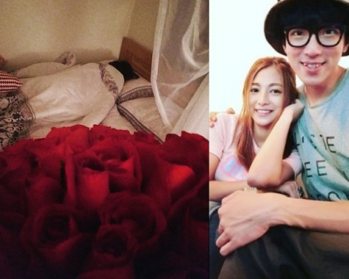 陸永打算送紅玫瑰給老婆，但Reina已經睡著了。陸永instagram圖片