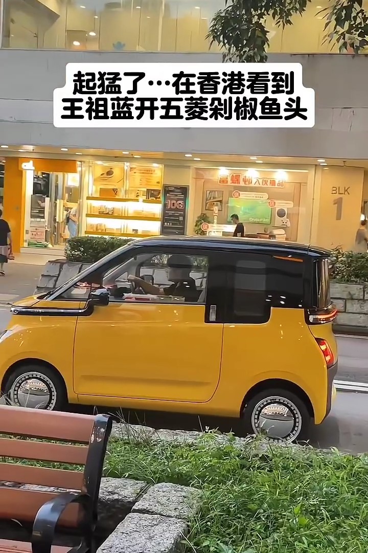 网民捕获王祖蓝驾驶五菱宏光Air ev黄色迷你车。