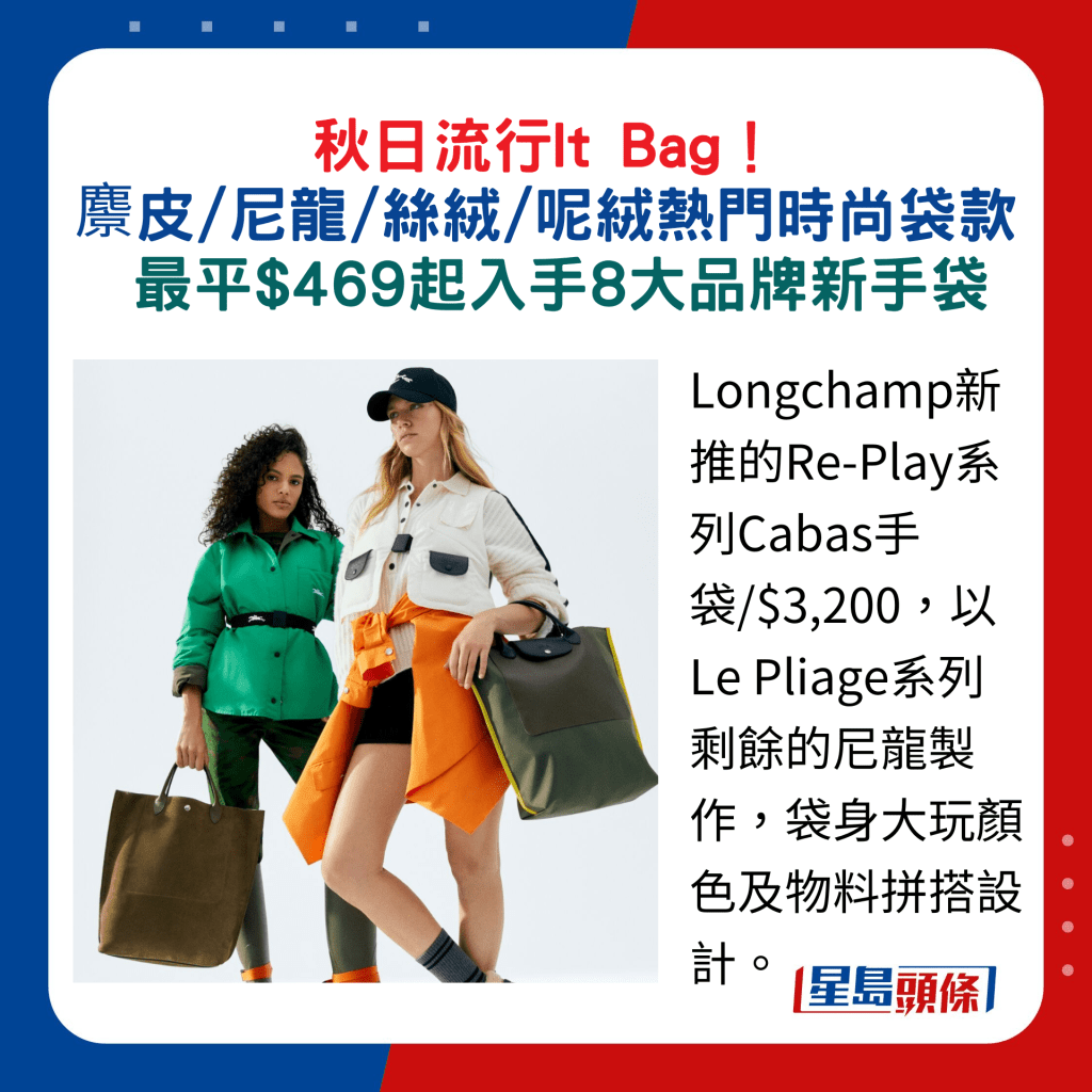 Longchamp新推的Re-Play系列Cabas手袋/$3,200，以Le Pliage系列剩馀的尼龙制作，袋身大玩颜色及物料拼搭设计。