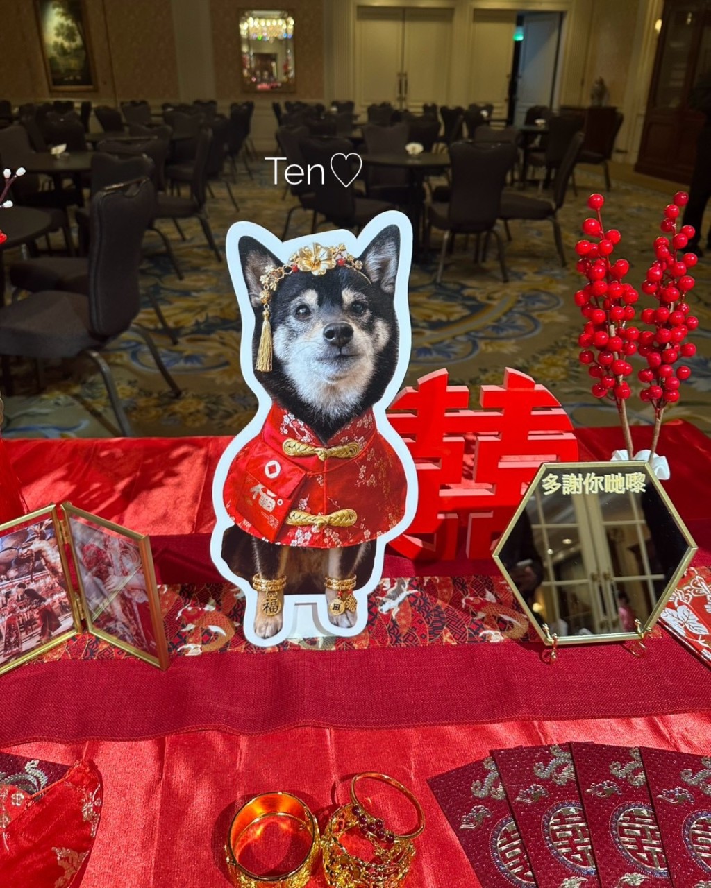 婚宴的接待桌上擺放了愛犬「Ten」的人形立牌，並以中式飾物點綴。
