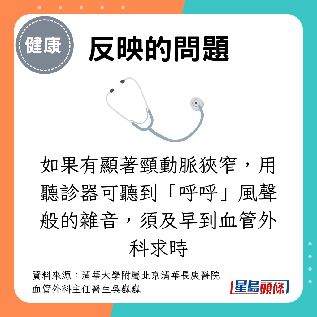 如果有显著颈动脉狭窄，用听诊器可听到「呼呼」风声般的杂音，须及早到血管外科求时