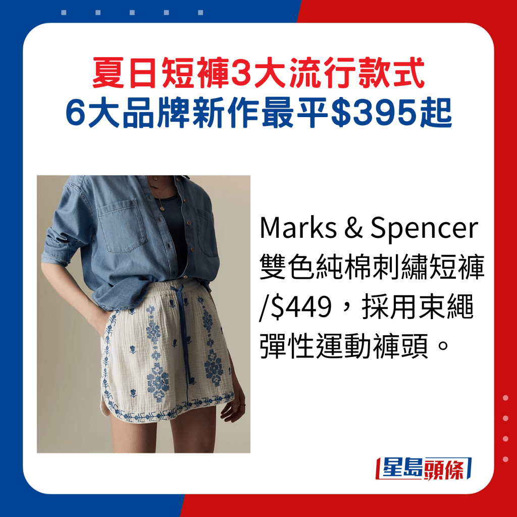 Marks & Spencer雙色純棉刺繡短褲 /$449，採用束繩彈性運動褲頭。