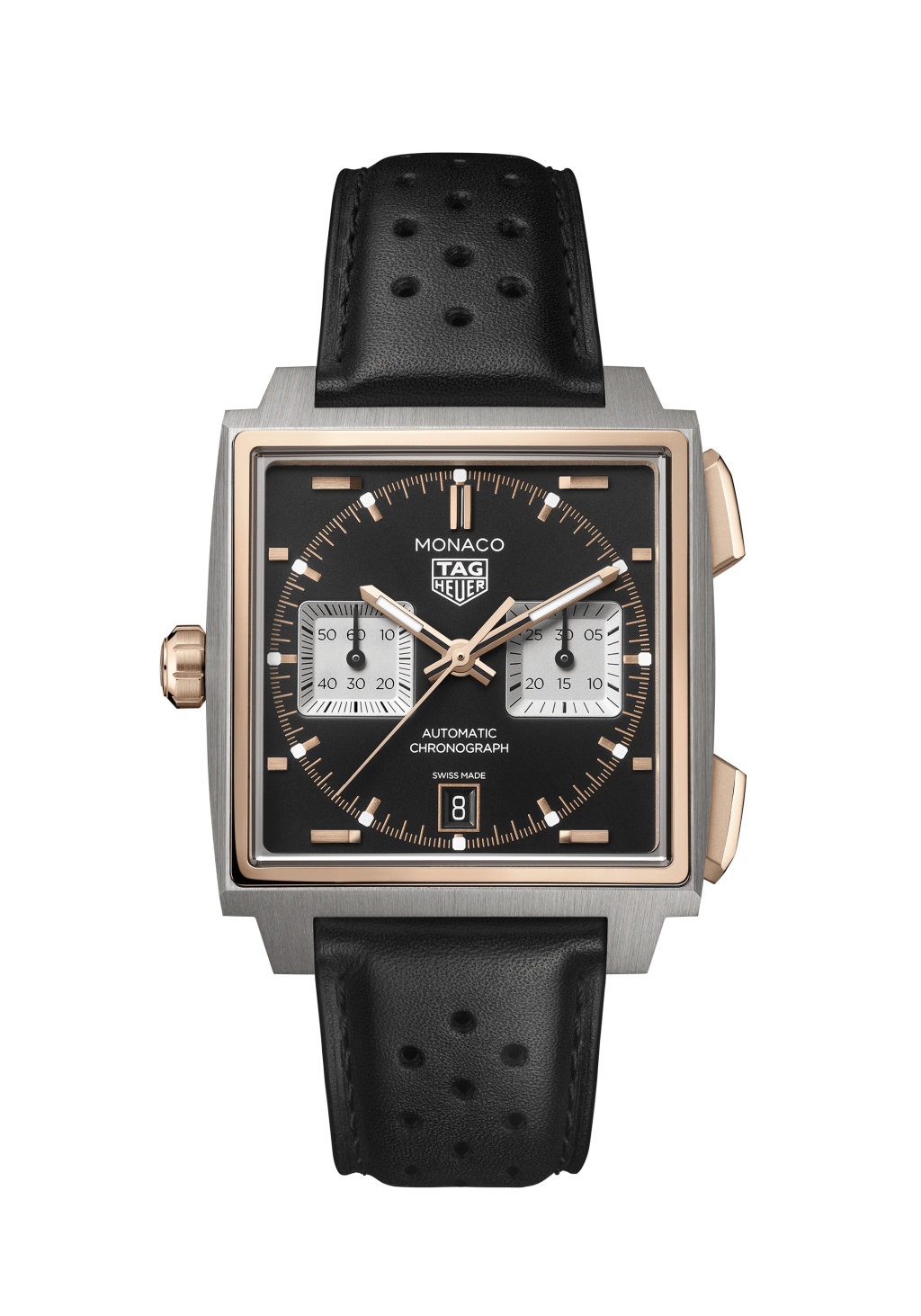 Tag Heuer Monaco Chronograph / 錶殼：39mm 鈦金屬和18K玫瑰金（曜金黑）/ 機芯：TH20-11自動 / 售價：$102,600。