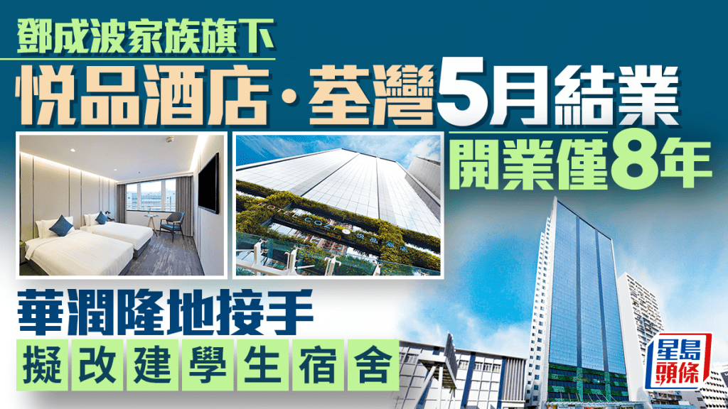 「悅品酒店‧荃灣」5月結業！鄧成波家族旗下物業 獲華潤隆地9.53億接手 擬改建學生宿舍