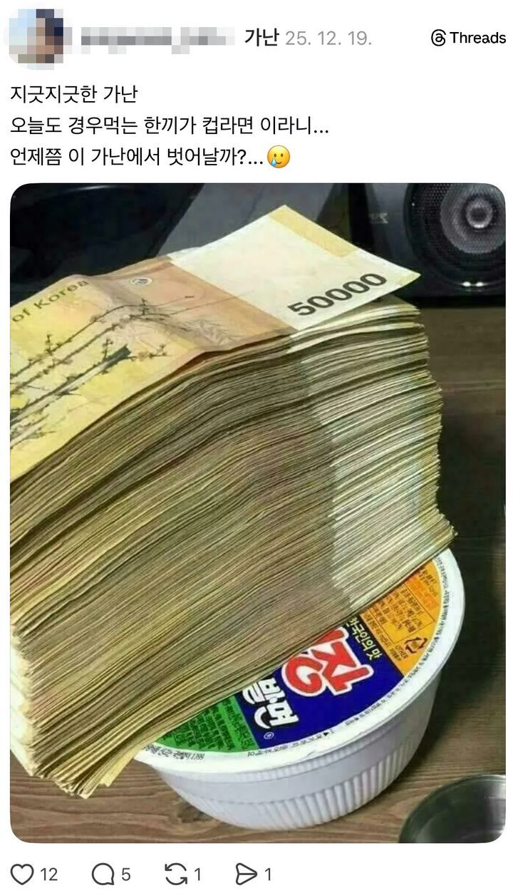 南韓網民「窮困挑戰」貼圖顯示大疊現鈔壓即食麵蓋。 Threads