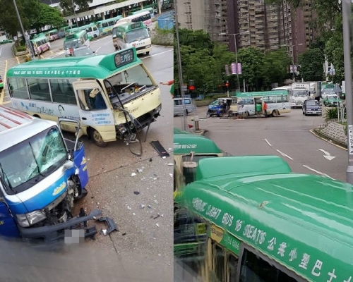 大埔雅運路近南運路一架小巴與一架輕型貨車相撞，造成4人受傷。網民Raymond Leong/ 香港突發事故報料區
