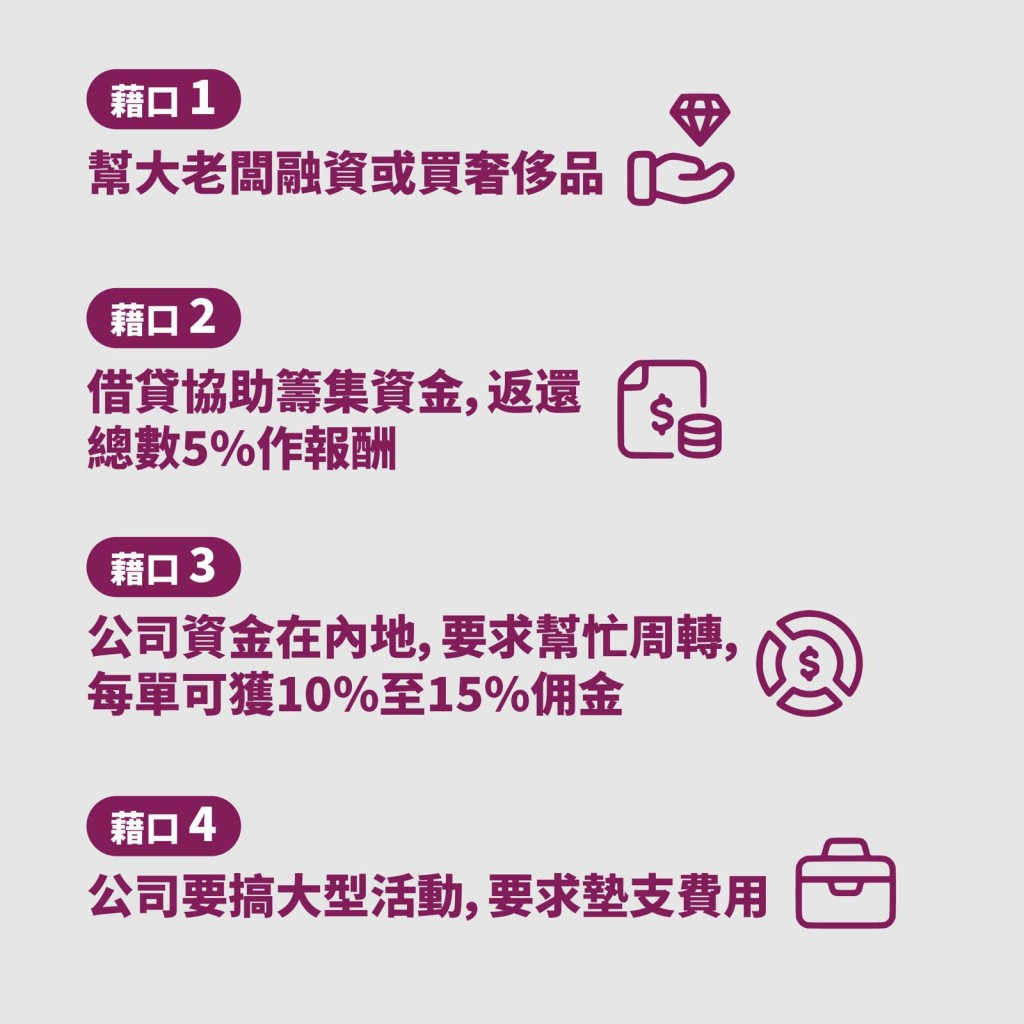 骗徒通常以各种借口，要求刚入职的受害人借贷。FB：香港警察
