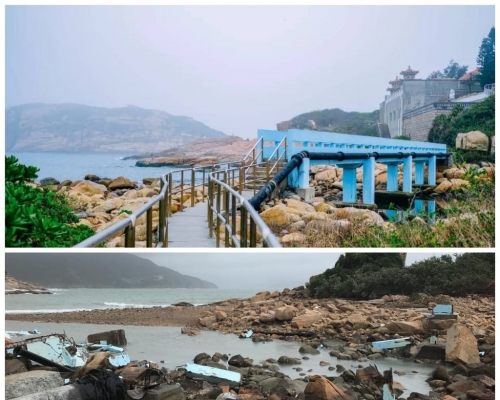 「情人橋」被山竹「狠狠」摧毀,不少市民均表示惋惜。圖上為未摧毀前;圖下為摧毀後。 柴灣人柴灣事FB/網民 Honor Honor圖