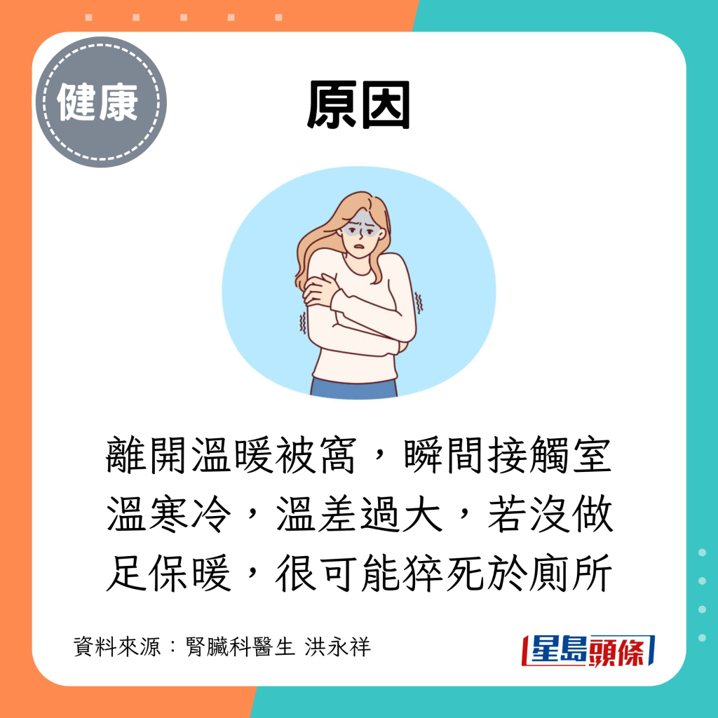 离开温暖被窝，瞬间接触室温寒冷，温差过大，若没做足保暖，很可能猝死于厕所