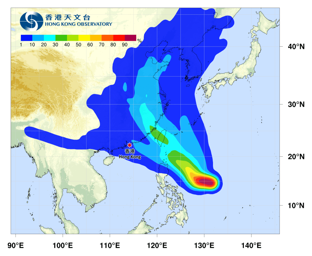 熱帶氣旋杜蘇芮的外圍下沉氣流會在下周中期繼續為華南帶來酷熱的天氣。（天文台網站截圖）