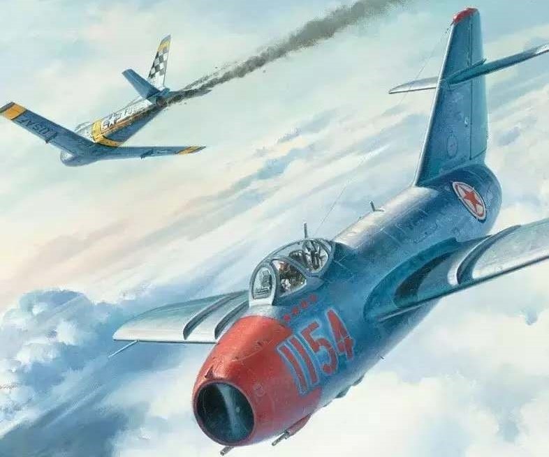 韓德彩擊落敵機的一幕，其戰機編號為1154。