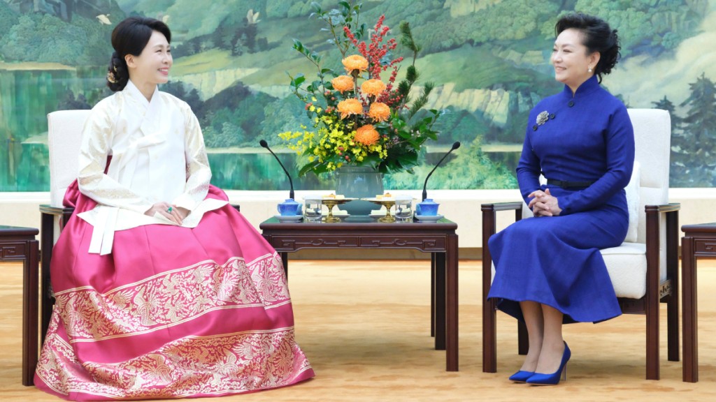 金惠景在人民大會堂福建堂與彭麗媛茶敘會面，交流文化與社會公益議題。新華社