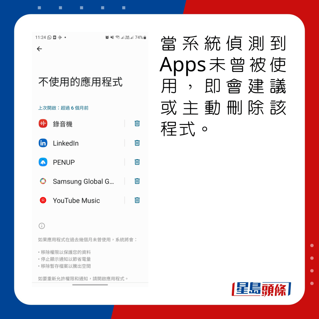 當系統偵測到Apps未曾被使用，即會建議或主動刪除該程式。