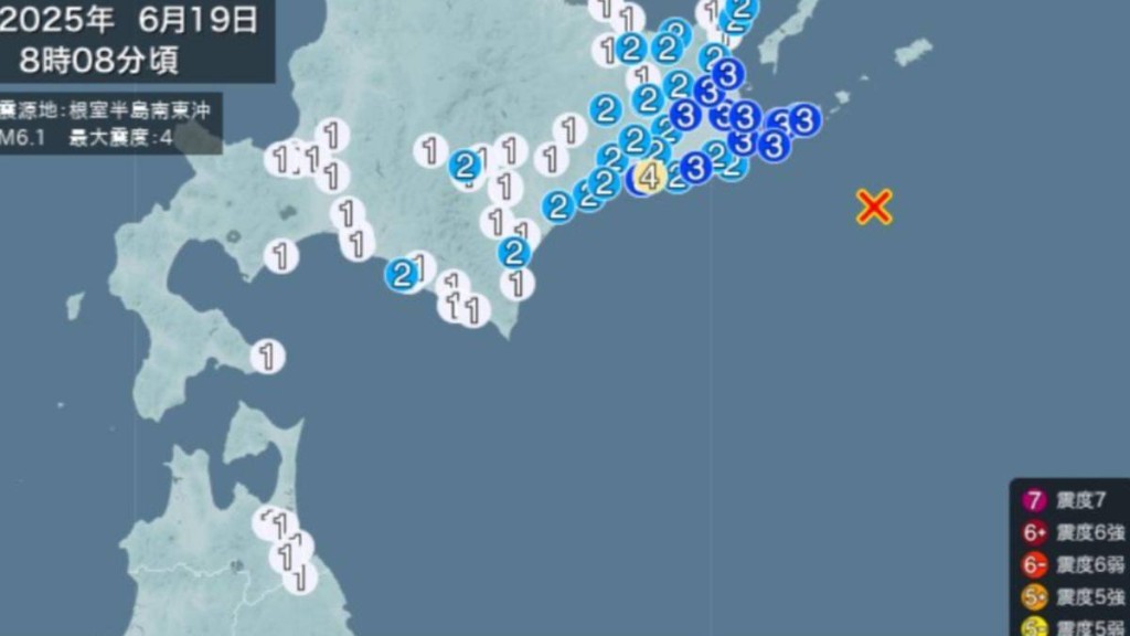 日本北海道近海19日早上發生極淺層6.1級地震。tenki.jp