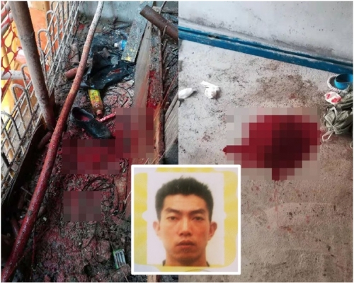工人被擊中頭部後,現場留下血跡,小圖為死者。工友提供