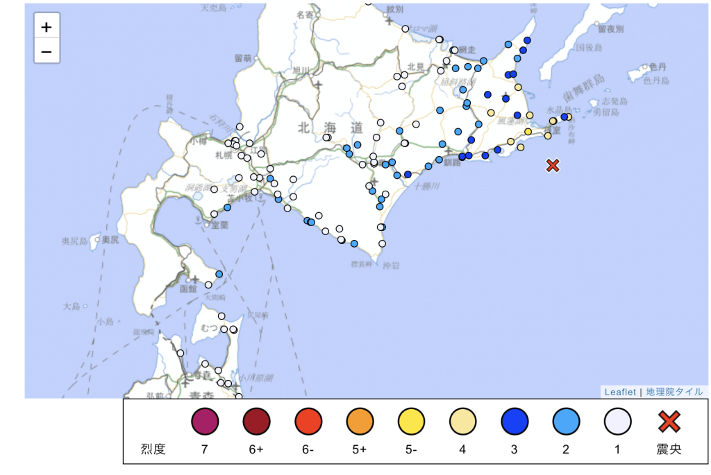 最大震度出現在北海道根室市,達5弱級;札幌市錄得震度1級。日本氣象廳 最大震度出現在北海道根室市,達5弱級;札幌市錄得震度1級。日本氣象廳