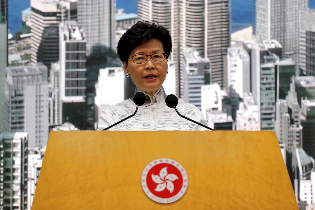 林鄭月娥解釋因為台灣已表明不會接受在現有修例情況下移交疑犯,迫切性已不存在。AP圖片
