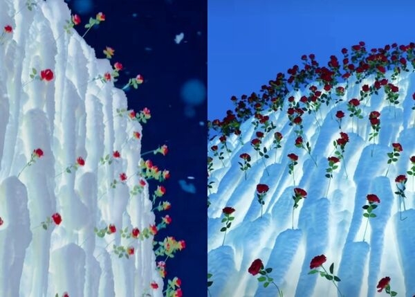 網友大曬哈爾濱冰雪大世界冰瀑玫瑰打卡照。 小紅書