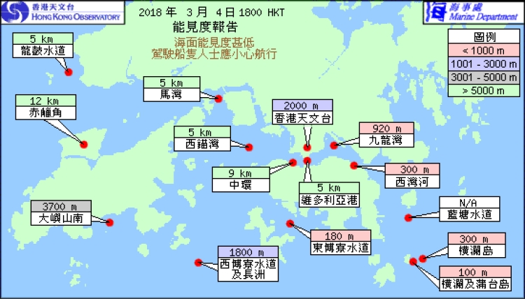 本港东部海域普遍能见度在300米或更低。天文台图片